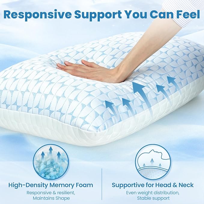 QUTOOL Firm Pillow Shredded Memory Foam, Cooling Pillow for Hot Sleeper, Adjustable Bed Pillow for Side Back Stomach Sleepers, Washable Cover, CertiPUR-US Certified, Standard Size Set of 2