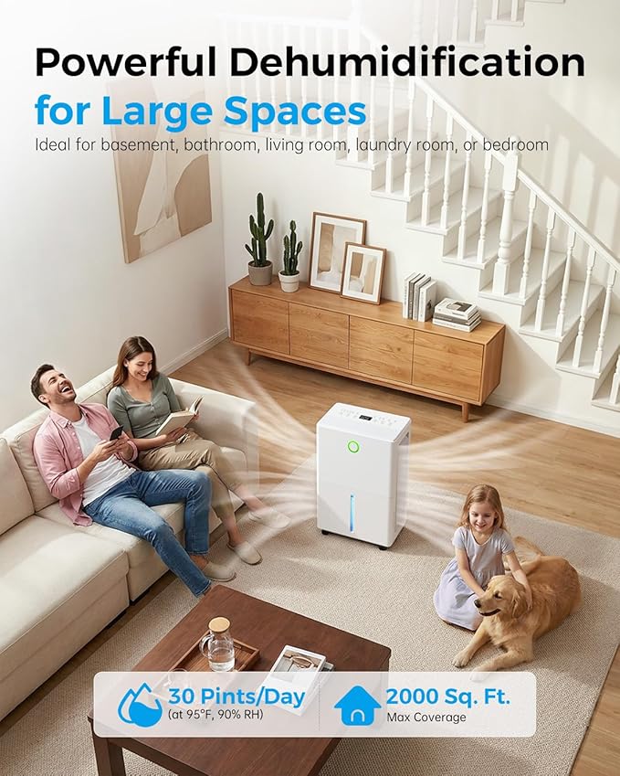 Dehumidifier for Basement with Drain Hose, 30 Pint Dehumidifiers for Home up to 2000 sq ft, Dehumidifier for Bathroom with Auto Humidity Control, Dehumidifiers for Bedroom, 24H Timer, White