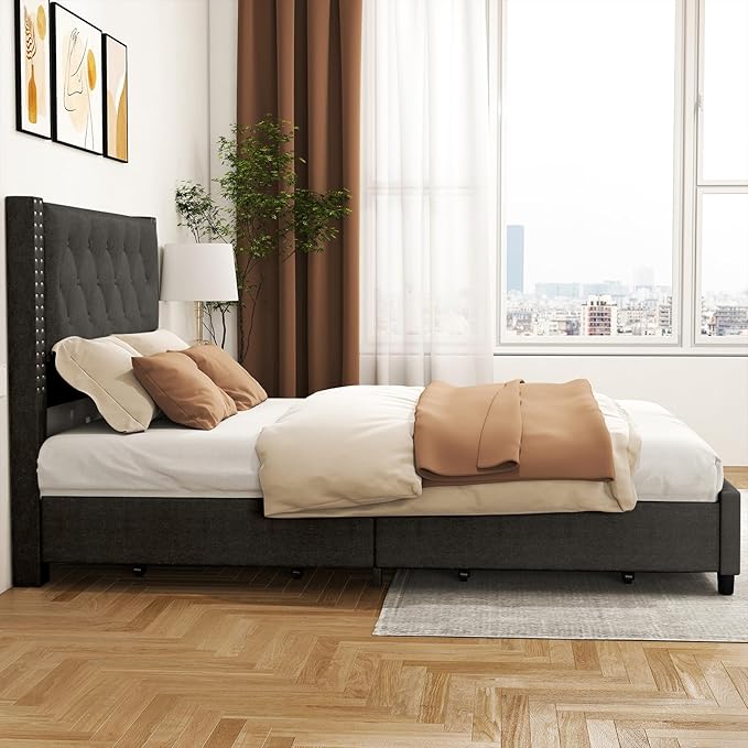 EVLIQUIL Bed Frame Full Size with 4 Storage Drawers, Upholstered Headboard & Frame, Sturdy Metal Frame & Wood Slats, Platform Bed Frame No Box Spring Needed, Easy Assembly, Black