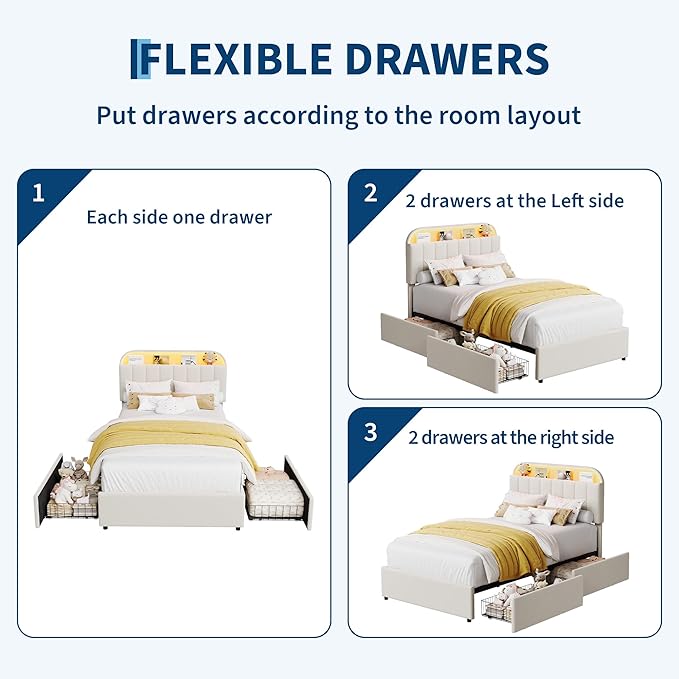 GarveeHome Twin XL Bed Frame with Storage Headboard, Kids Bed Frame with 2 Drawers, Velvet Upholstered Platform Bed Frame with Lights, No Box Spring Needed, Easy Assembly, Velvet White