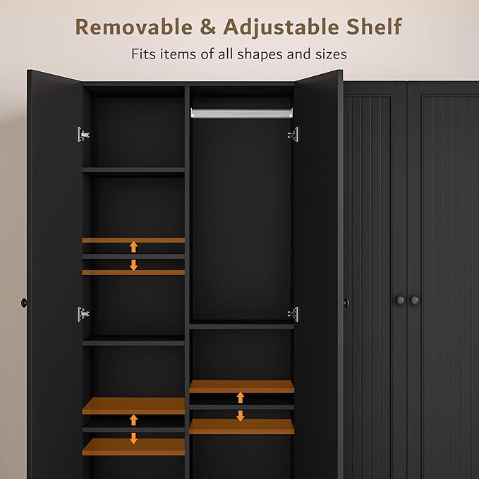 iPormis 4 Doors Armoire Wardrobe Closet with 2 Drawers, 63" Large Wardrobe Cabinet with Removable Hanging Rods and Adjustable Shelves, Closet Storage Cabinet for Bedroom, Cloak Room, Black