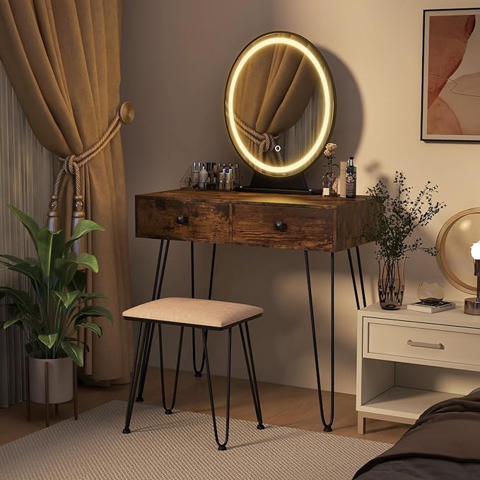 COSTWAY Vanity Desk with Mirror and Lights, Makeup Dressing Table Set w/ 3 Color Lighting Modes & Adjustable Brightness, Vanity Mirror with Desk and Stool for Bedroom Small Spaces (Rustic Brown)