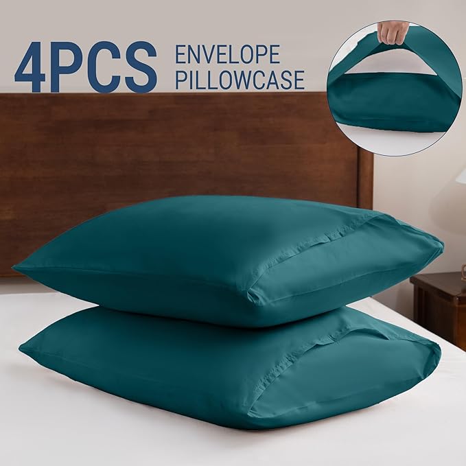 Pillowcases Standard 4 Pack, 20x26 Pillow Cases with Envelope Closure, Soft Plain Brushed Microfiber Covers Breathable Wrinkle-Resistant, Teal