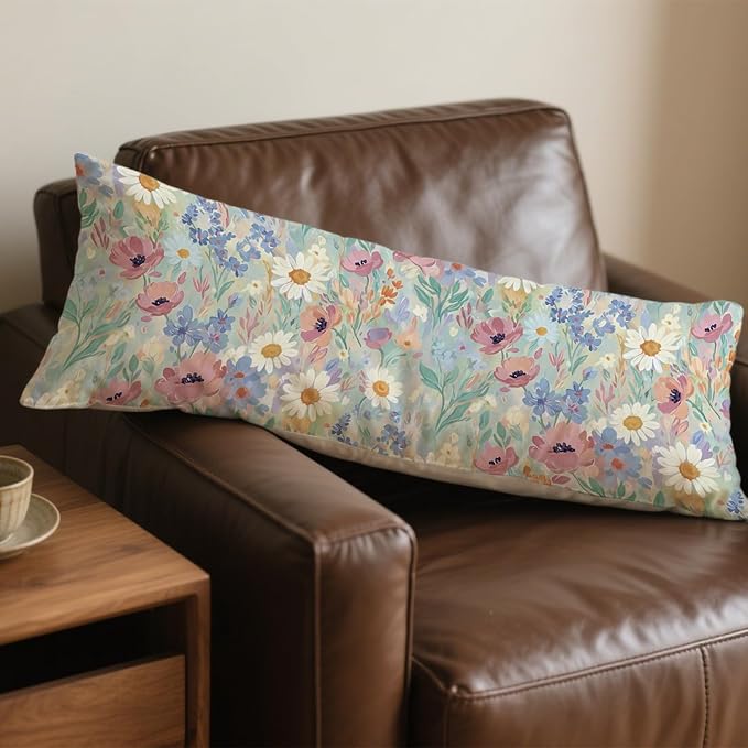 Spring Floral 20x54 Body Pillow Cover, Spring Home Room Decor, Pastel Cottagecore Botanical Wildflower Decorative Long Body Pillow Cases for Bed Couch