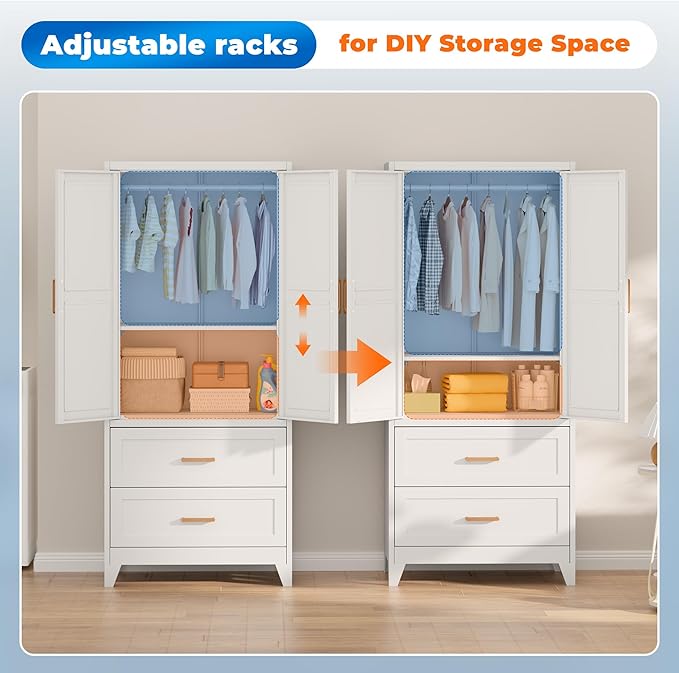 INTERGREAT 71” H Metal Wardrobe Cabinets with 2 Doors, Large Clothing Storage Cabinets with Hanging Rod and Adjustable Shelves, Closet for Home Living (White)