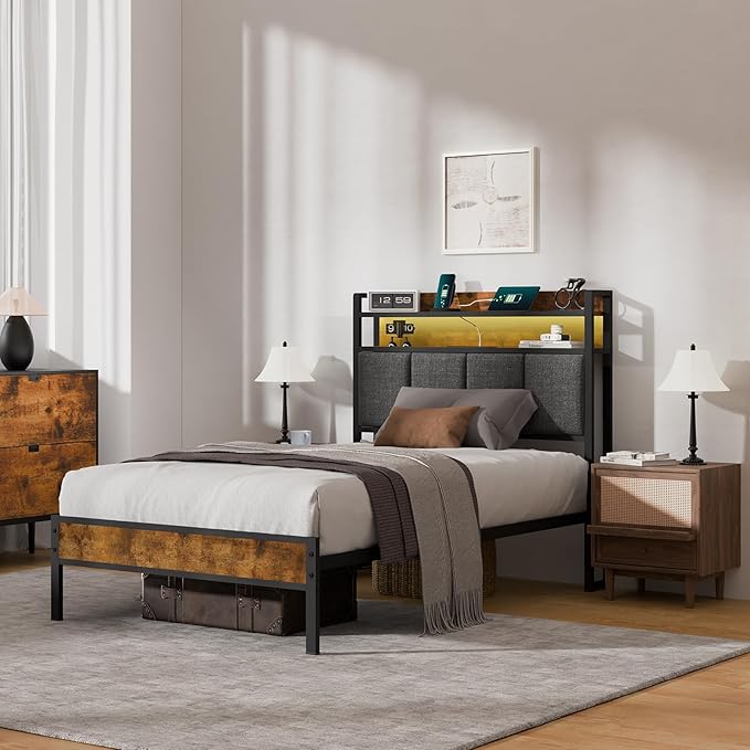 Twin Bed Frame with LED Light &Charging Station, Metal Platform Bed with 2-Tier Shelves & Under Bed Storage, Upholstered Headboard&Footboard,No Box Spring Needed,Noise Free,Easy Assembly,Vintage Brown