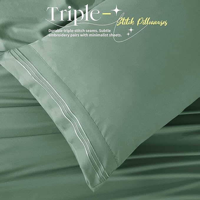 Manyshofu 4 Piece Split Head King Sheets Sets for Adjustable Bed Sheet, Flex Head Split Top King Sheets Sage Green Sheet Set - 1800 Thread Count Bedding Set with 14-16 Inch Deep Pockets
