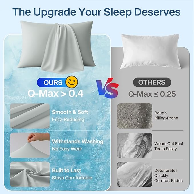 Premium Cooling Pillowcases Standard Size Set of 2 for Hot Sleepers&Night Sweats Beauty Sleep Reduces Wrinkles&Frizz Softer Than Silk Pillow Cover Oeko-TEX Certified Grey Breathable