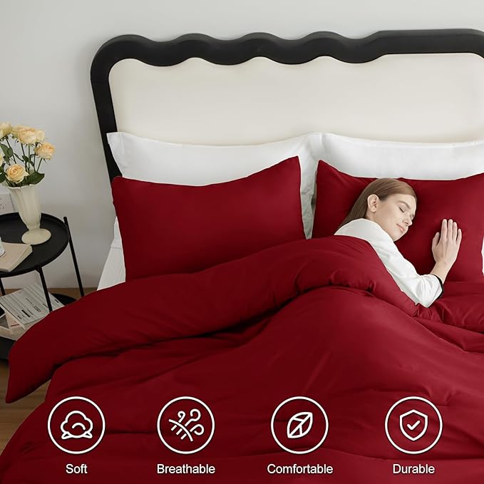 CozyLux Oversized King Comforter Set Dark Red, 3 Pieces 120x98 Solid Breathable Quilted Bedding Sets for All Seasons, Luxury Soft Lightweight Bed Set with Down Alternative Comforter and 2 Pillowcases