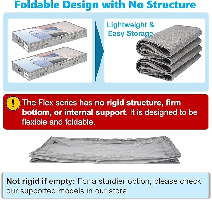 3 Inch Low Profile Under Bed Storage Drawer 4 Pack, Lightweight Underbed Clothes Storage Container Bins With NO STURCTURE, Shallow Storage Bag for Dorm & Home, With Clear Lids & Water-Resistant Fabric