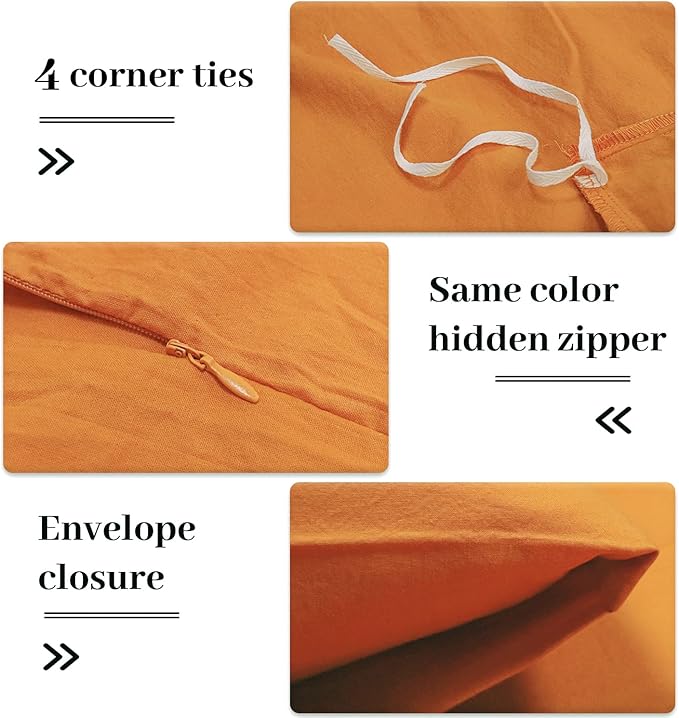 NEXHOME PRO Duvet Cover Set Oversized Queen 98"x98" Linen Look Textured Organic Natural 100% Washed Cotton Duvet Cover 3 Pieces Bedding Set Zipper Closure, Breathable, Halloween Orange(No Comforter)