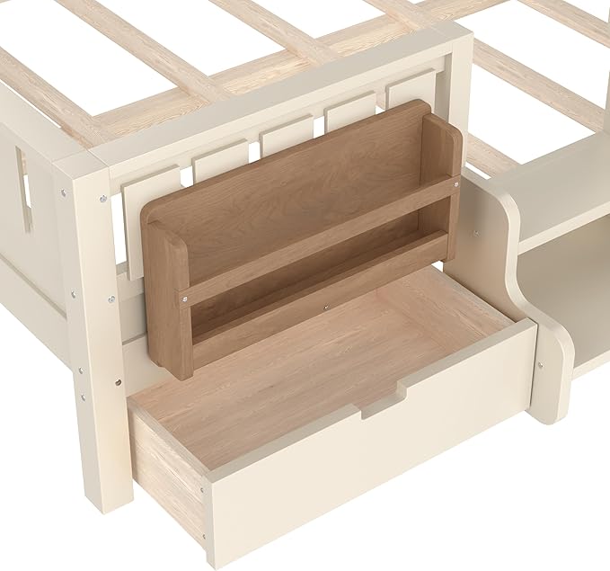 Bellemave Full Size Kids Montessori Bed with Stairs and Bookshelf,Solid Wood Full Size Kids Bed Frame with Drawers and Storage for Girls Boys,Low-Profile,Beige