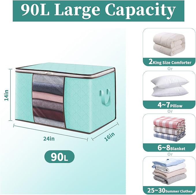 90L Clothes Blanket Storage Bags, 6 Pack Under Bed Storage Bins with Lids, Foldable Closet Organizer with Reinforced Handles for Clothing, Blanket, Comforters, Bed Sheets, Pillows and Toys, Blue