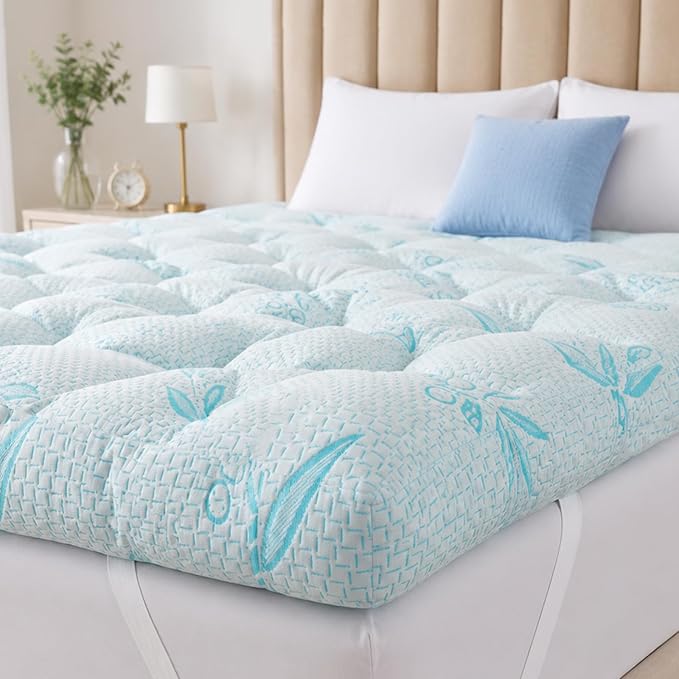 SHOUREN Memory Foam Mattress Topper Full 4-5 Inch, 2100 GSM Pillow Top, Blue Bamboo-Viscose Cover, Plush Gel Memory Foam & 3D Fiber Fill, Elastic Straps, Machine Washable, 75x54