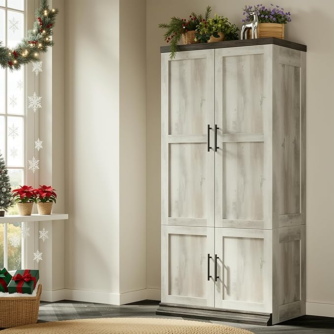 LIKIMIO Large Wardrobe Closet, Farmhouse Clothing Storage Cabinet with Hanging Rod and 2 Doors, Wooden Tall Bedroom Armoires with Storage Shelves, Rustic White