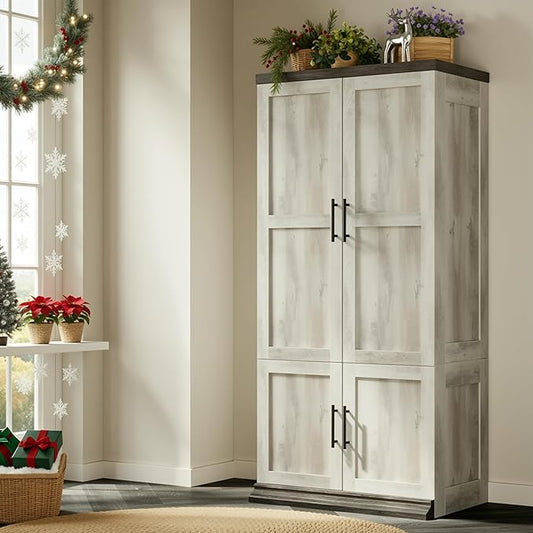 LIKIMIO Large Wardrobe Closet, Farmhouse Clothing Storage Cabinet with Hanging Rod and 2 Doors, Wooden Tall Bedroom Armoires with Storage Shelves, Rustic White
