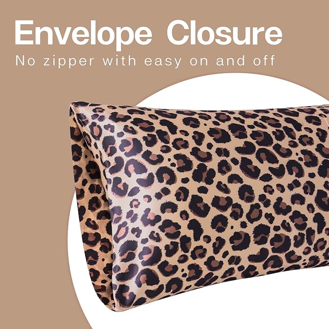 MR&HM Satin Body Pillow Cover, Soft and Breathable Body Pillow Case with Envelope Closure, Cooling and Silky Long Pillowcase for Hair and Skin,Grey (20x54, Brown Leopard)