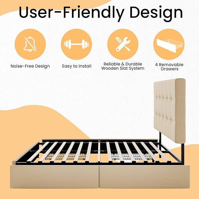 SHA CERLIN Upholstered Queen Size Platform Bed Frame with 4 Storage Drawers, Adjustable Headboard with Square Stitched Button Tufted Design, Wooden Slat Support, No Box Spring Needed, Beige