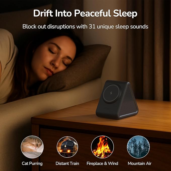 Housbay Sound Machine with Magnetic Wireless Charger for iPhone, 2-in-1 Design for Clutter-Free Nightstand, Dual-Speaker Stereo Sound for Sleeping - Black