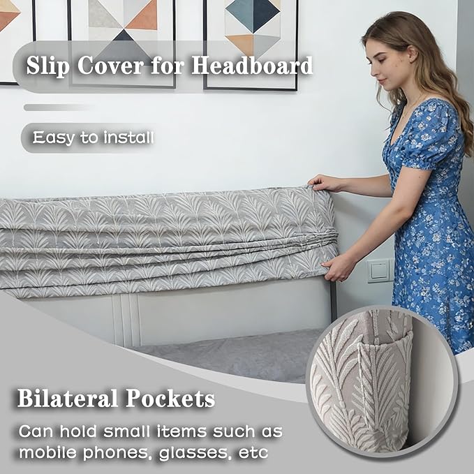 Stretch Headboard Cover Queen/King with 2 Side Pockets, Headboard Slipcover Removable & Washable, Elastic Dustproof Slip Cover for Bed Head Décor Protector