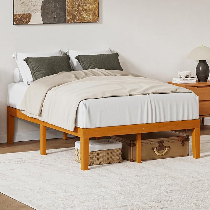 DUMOS Full Size Solid Wood Bed Frame 16 Inches, Sturdy Platform Bed with Heavy Duty Wood Slat Support, No Box Spring Needed, Easy Assembly, Natural Pine