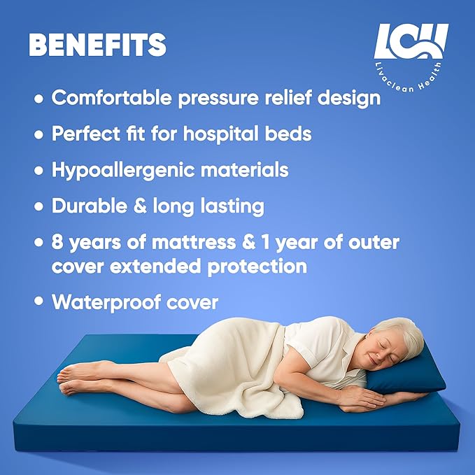 Livaclean Health Hospital Bed Mattress – Twin XL 80"x36"x 6" Gel 30mm Memory Foam Medical Mattress for Adjustable Beds, Waterproof Cover, Pressure Relief for Home & Clinical Use