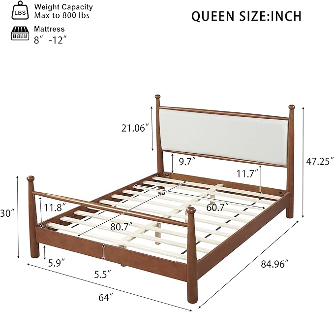Merax Modern Queen Size Solid Wood Platform Bed with Upholstered Headboard, Mid-Century Low Bed Frame with Sturdy Wood Legs/No Box Spring Needed/Easy Assembly, Beige+Walnut