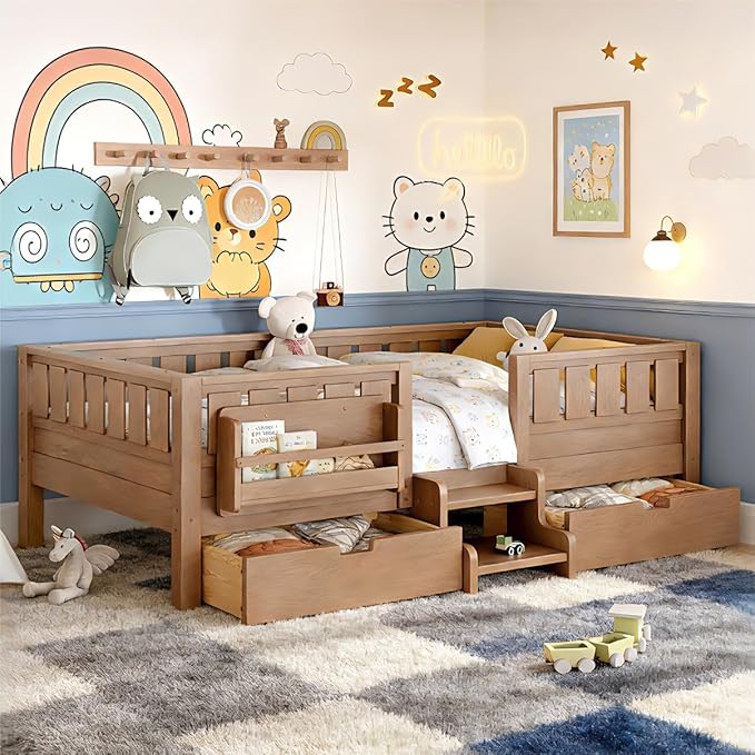Bellemave Twin Bed with Storage Drawers & Bookshelf, Low Profile Kids Bed Frame with Staircase & Full Length Guardrails, Wood Twin Bed for Kids with Slats Load 300LBS, Easy Assembly, Oak Brown