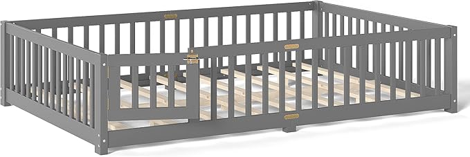 Bellemave Queen Floor Bed Frame with Rails and Door, Solid Wood Montessori Queen Size Floor Bed, Low Profile Montessori Beds with Removable Slats, Grey