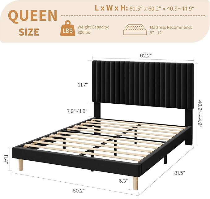 GAOMON Queen Bed Frame with Adjustable Headboard, Velvet Upholstered Platform Queen Size Bed Frame, Wooden Slats Support, No Box Spring Needed, Easy Assembly, Black