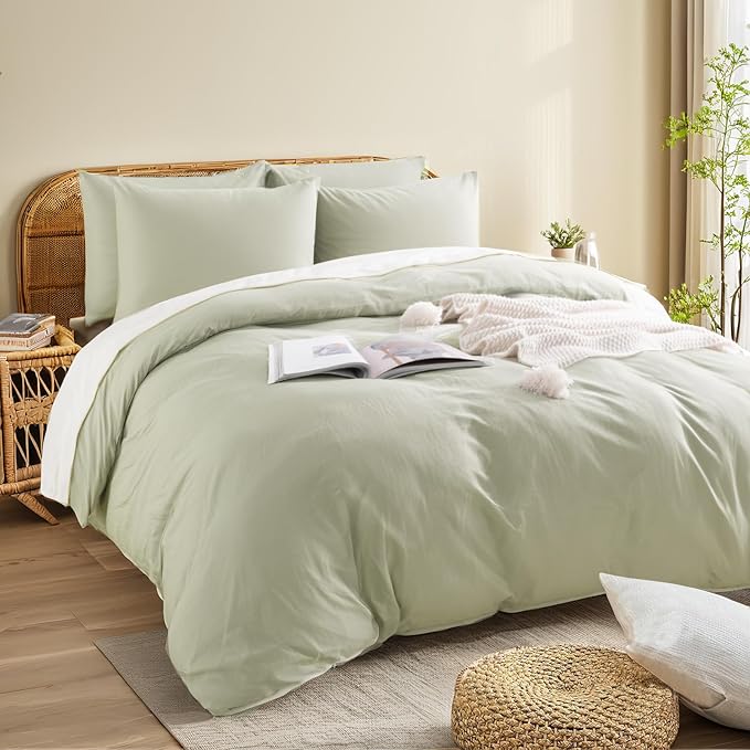 NEXHOME PRO Twin Duvet Cover Set – 100% Certified Organic Cotton with Washed Feel & Linen-Like Texture, Comfortable & Breathable, Home Bedding Set Sage Green (No Comforter)