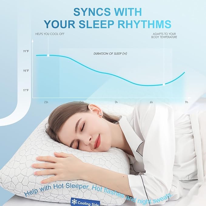 QUTOOL Cooling Pillow for Sleeping, CertiPUR-US Shredded Memory Foam Queen Pillow Set of 1, Cool Pillow for Hot Sleepers Adjustable Firm Pillow for Side, Back, Stomach Sleepers Soft Yet Support, White