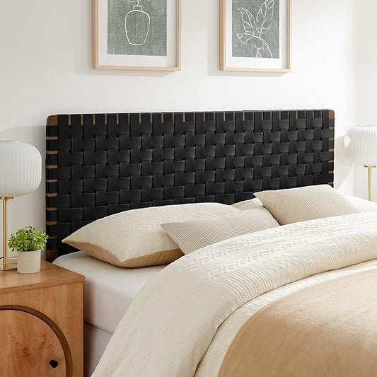 Modway Sparta Weave Queen Vegan Leather Headboard in Walnut Black