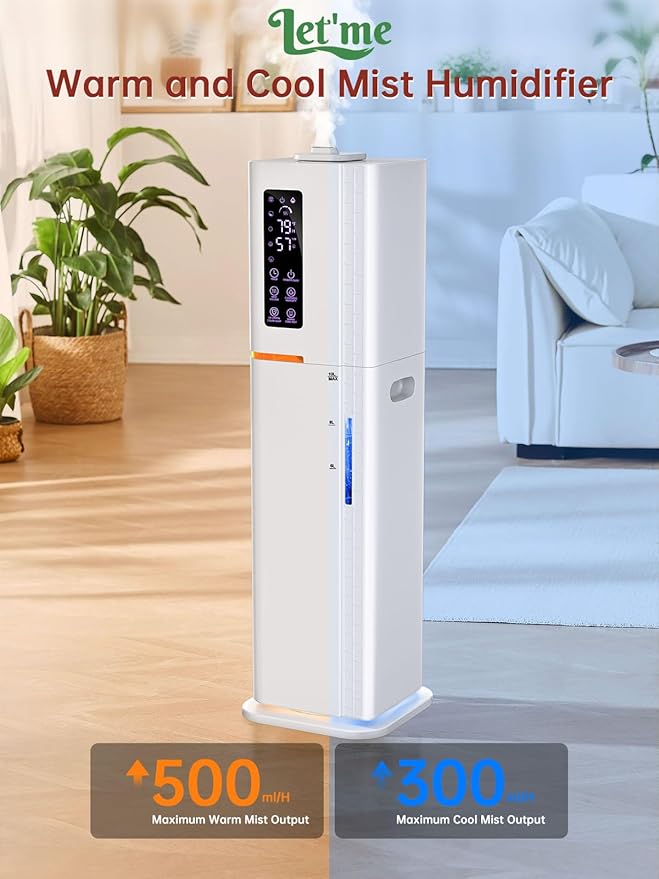 Humidifier with Warm & Cool Mist - 2.64Gal Top Fill, 500 sq ft Coverage, 60H Runtime, Remote, Humidity Control, Aroma Tray & Mood Light, Humidifier for Bedroom Home Office Plant