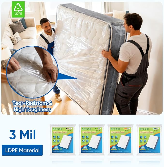 TICONN 2PK Plastic Mattress Bag for Moving Storage, Waterproof Mattress Protector Cover, Heavy-Duty Mattress Moving Supplies (3 mil, King)