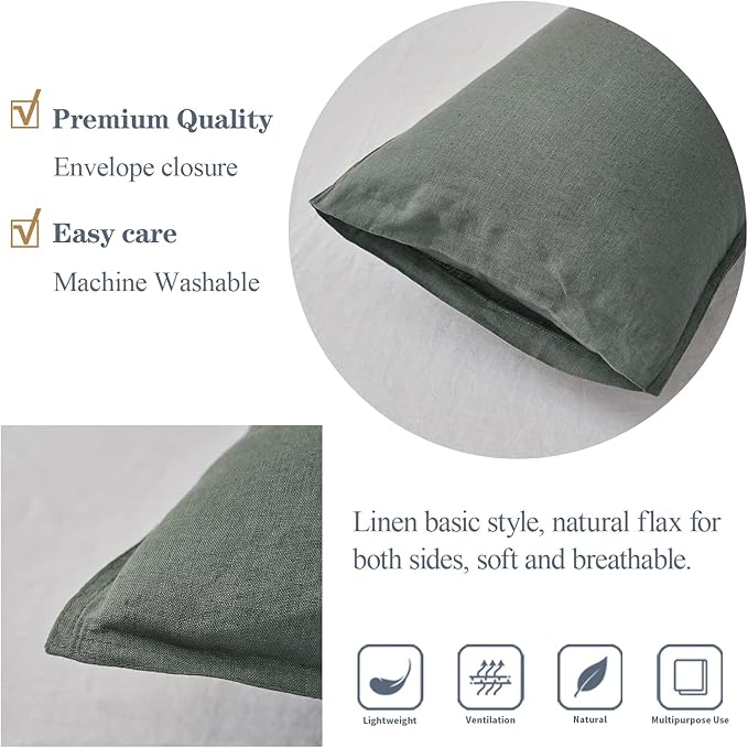 Simple&Opulence 100% Linen Lumbar Pillow Cover 12 x 20 Inches Set of 2 Rectangular Decorative Throw Cushion Cover for Couch Sofa Bed Living Room Office Soft Breathable Farmhouse - Cushing Green
