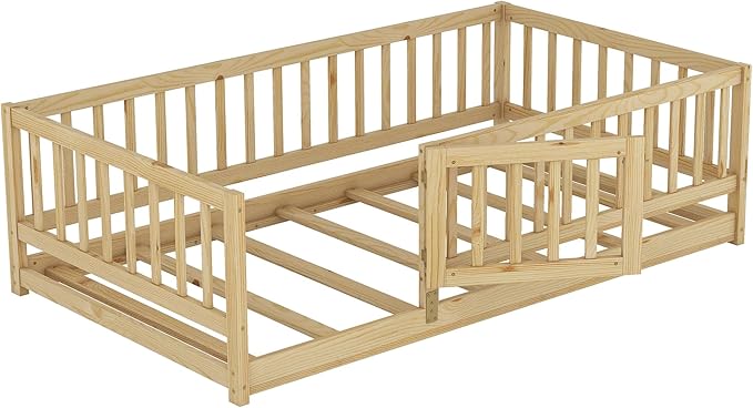 Bellemave Twin Size Montessori Floor Bed with 21.5" High Rails and Slats, Pine,Plywood Floor Bed with Small Door, Natural