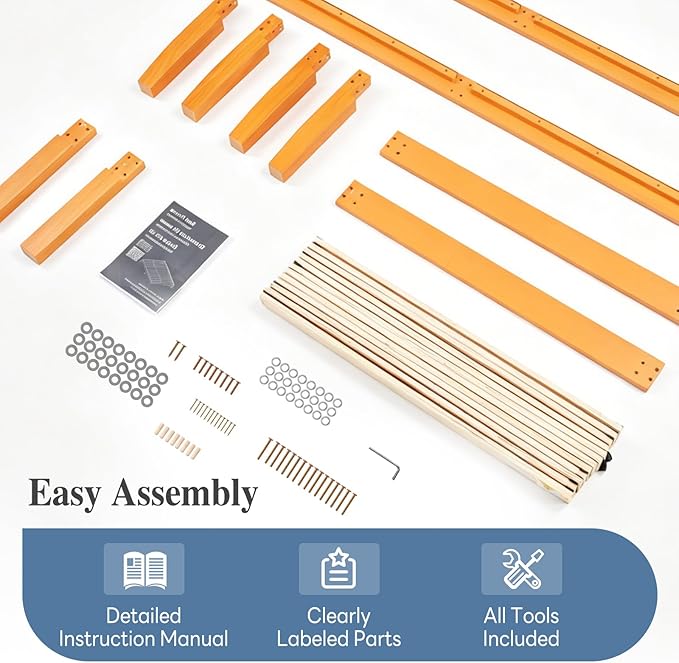 DUMOS King Solid Bed Frame Wood 16 Inches, Sturdy Platform Bed with Heavy Duty Wood Slat Support, No Box Spring Needed, Easy Assembly, Natural Pine