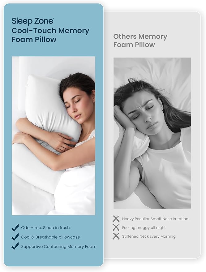 SLEEP ZONE Cooling Memory Foam Pillow - Odorless, Breathable, Skin-Friendly with Superior Support for Back, Stomach or Side Sleepers, Home, Hotel, Hospital Essentials (White, Queen, 2 Pack)