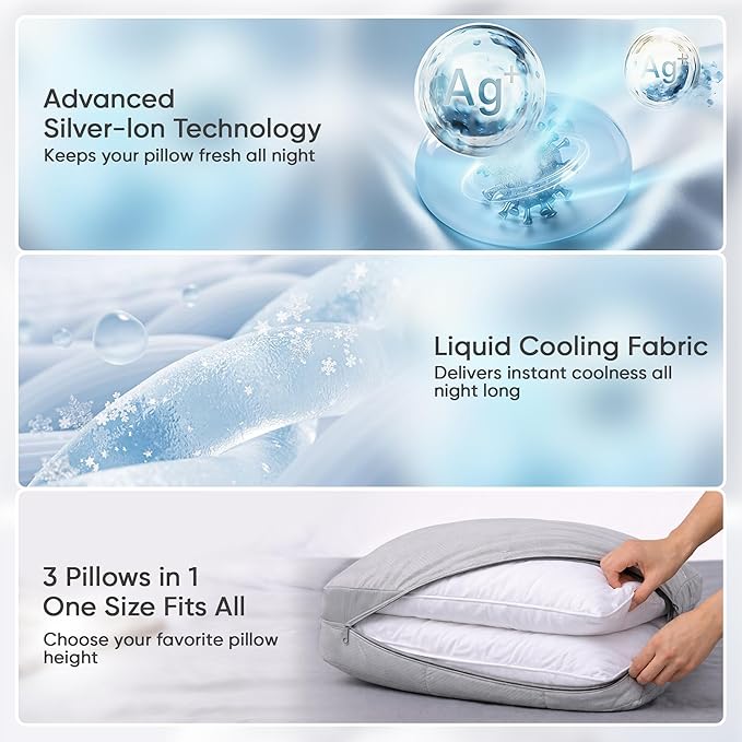 Cooling Adjustable Pillow for Side Sleepers, Silver Infused Bed Pillow, Cool Soft Firm Pillow for Hot Sleepers, Back & Stomach Sleepers, Self-Cleaning Technology for 3X Freshness Sleep, Grey