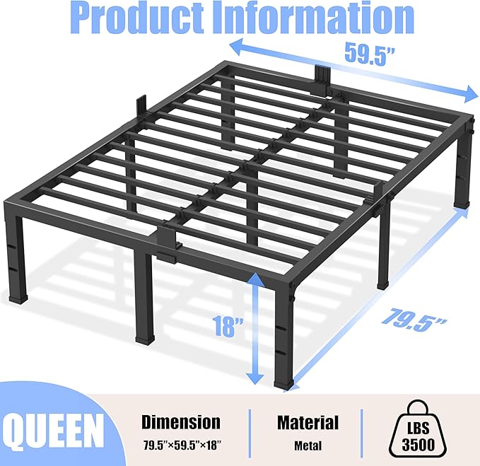 Yitong Angel Queen Size Bed Frames 18 inch High 3500 lbs Heavy Duty Metal Platform, Mattress Foundation with Steel Slat Support/No Box Spring Needed/Noise Free/Non-Slip/Easy Assembly