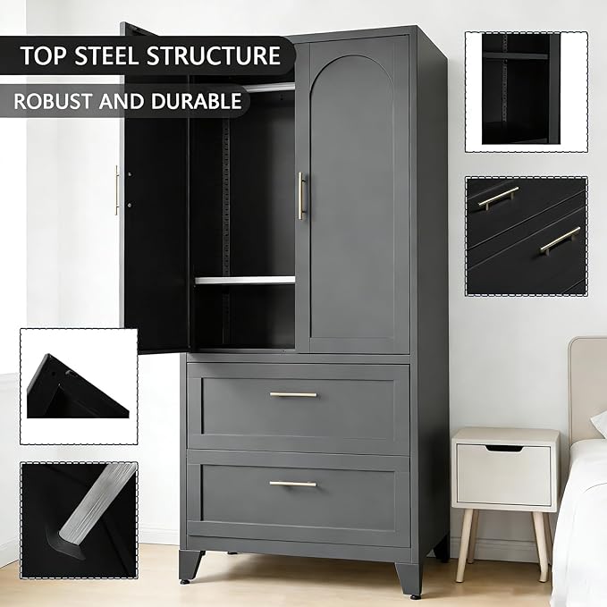 Modern 71" Steel Armoire Wardrobe Closet with 2 Drawers and Hanging Rod, Sturdy Metal 2 Door Armoire for Small Bedroom, Wardrobe Cabinet with Adjustable Shelves for Apartments, (Black)