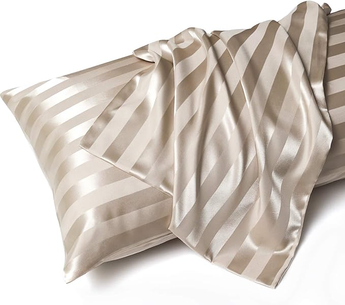 MR&HM Satin Body Pillow Cover, Soft and Breathable Body Pillow Case with Envelope Closure, Cooling and Silky Long Pillowcase for Hair and Skin,Grey (20x54, Champagne Striped)