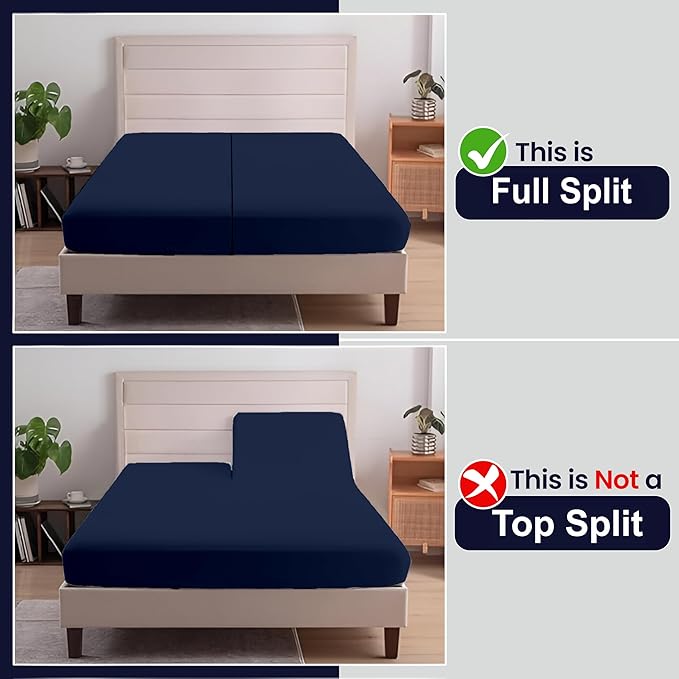 SGI Split King Sheet Set for Adjustable Bed Egyptian Premium Cotton 600 Thread Count Sheets for Sleep Number Bed 15" Deep Pocket 5 Pc Set with 2 Twin XL Fitted Sheets Soft Breathable -Navy Blue