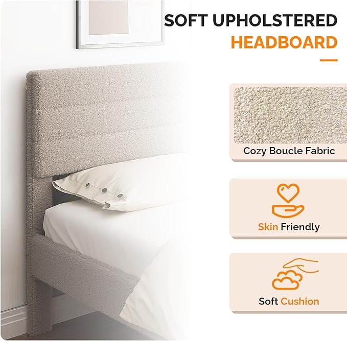 VINGLI Full Size Bed Frame with Storage, Boucle Upholstered Bed Frame with Adjustable Soft Headboard, Tufted Panel Bed with Wood Sturdy Slats Support, Modern Minimalist, Fabric Beige