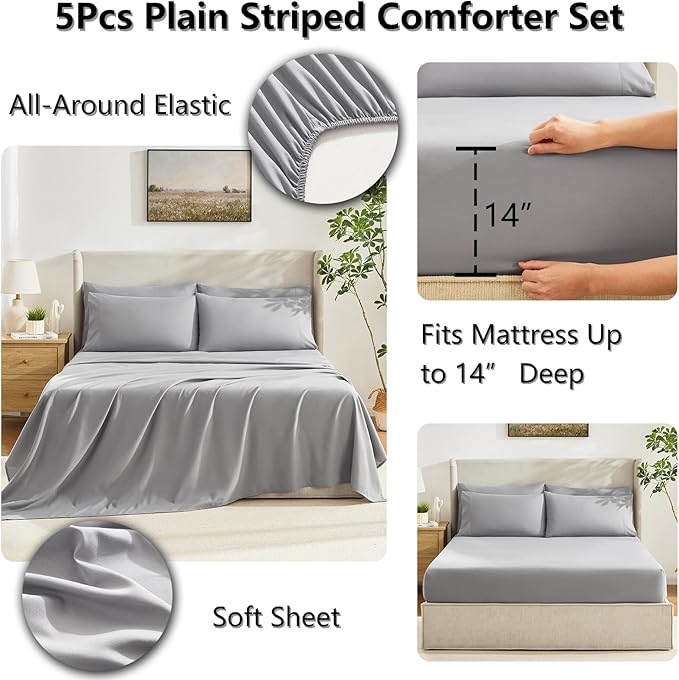 CozyLux Twin XL Comforter Set Grey, 5 Pieces Twin Extra Long Bed in a Bag for College Dorm, All Season Bedding Set with Stitch Quilted Comforter, Flat Sheet, Fitted Sheet, Pillowcases