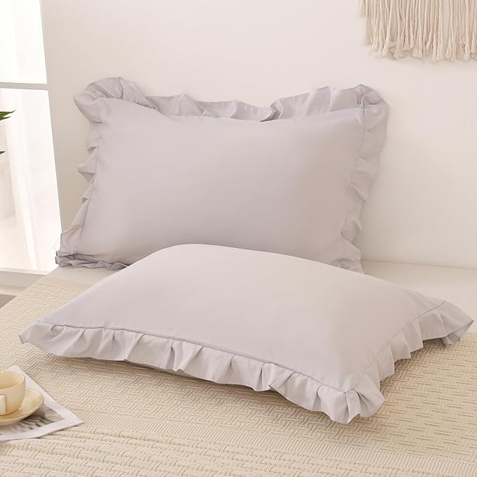 Beige Gray Pillow Shams Cute Ruffle Queen Pillowcases Solid Pillow Cover Set of 2 Shabby Chic Soft Light Gray Pillowcases 2 Pack (Queen (20''x30''), Beige Gray)