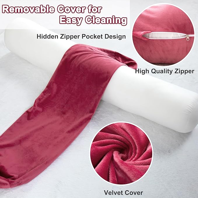 1 MIDDLE ONE Bolster Pillow for Bed, Long Round Body Pillow for Adults with Removable Velvet Cover, Decorative Tube Roll Cylinder Pillow, 47 x 7.87 Inch, Red