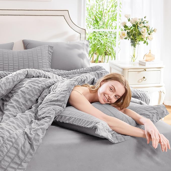 CozyLux Full Size Comforter Sets with Sheets 7 Pieces, Grey Seersucker Bed in a Bag Textured Luxury Soft Bedding Set with Down Alternative Comforter, Sheets, Pillowcases & Shams for All Season, Gray