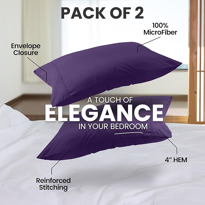 Utopia Bedding Pillow Cases Standard Size 2-Pack – Soft Brushed Microfiber – Envelope Closure – Perfect for Hospitals, Hotels, Guest Rooms – Oeko-TEX Certified, 20x26 Inches (Egg Plant)